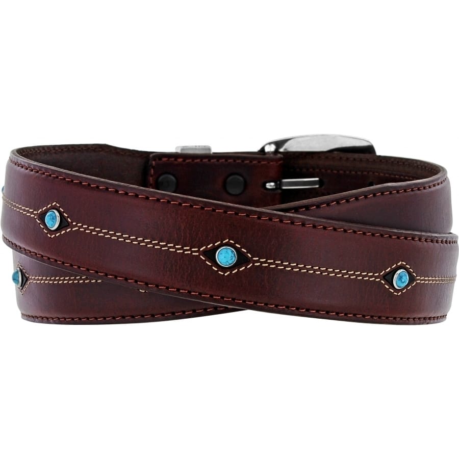 Brighton brown leather belt with turquoise stone accents, diamond stitching detail, and buckle on a white background