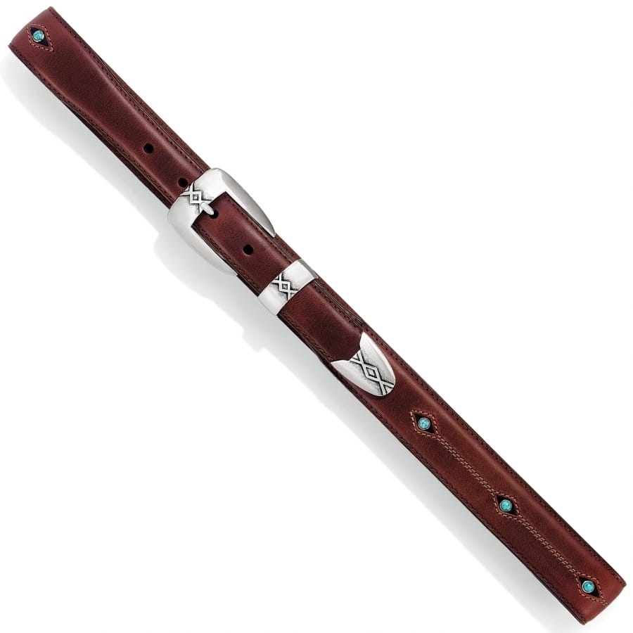 Brighton brown leather belt with silver-tone engraved buckle and turquoise stone accents on a white background