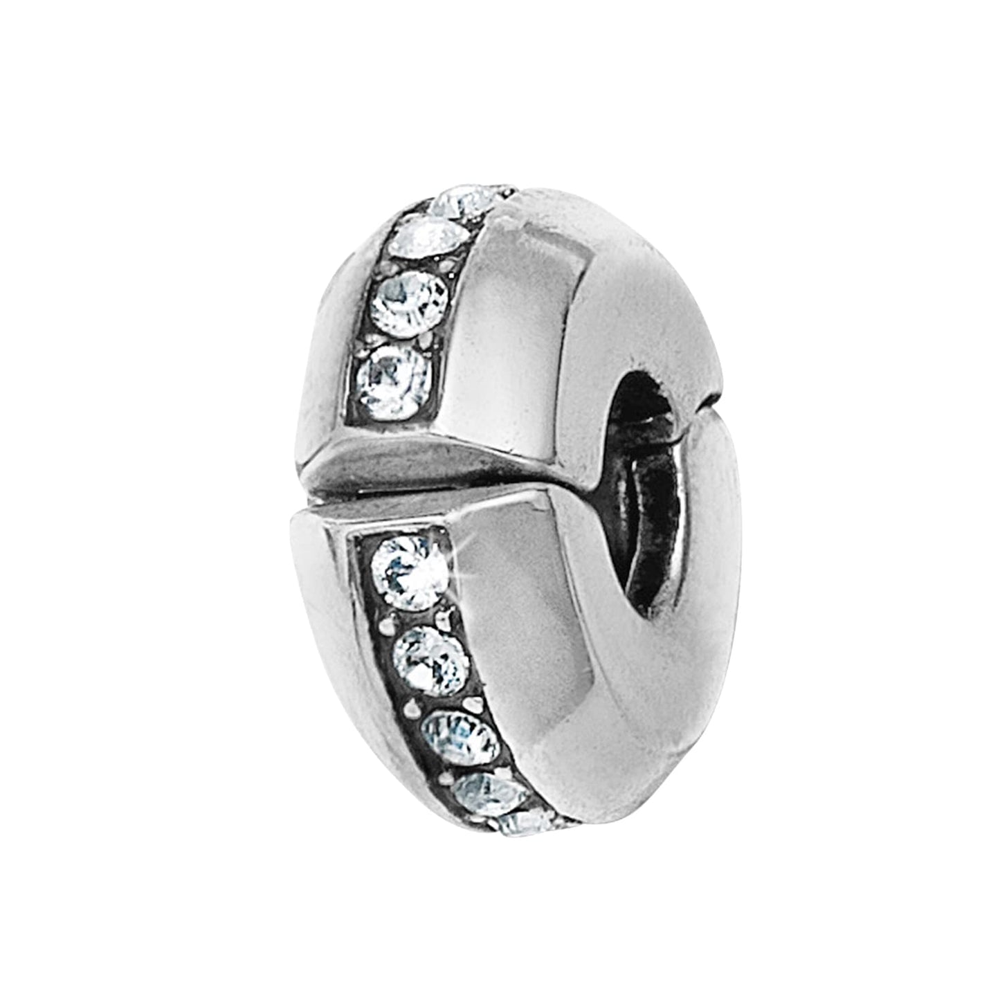 Brighton silver-plated clip charm with crystal-lined channel and hinged opening shown on a white background