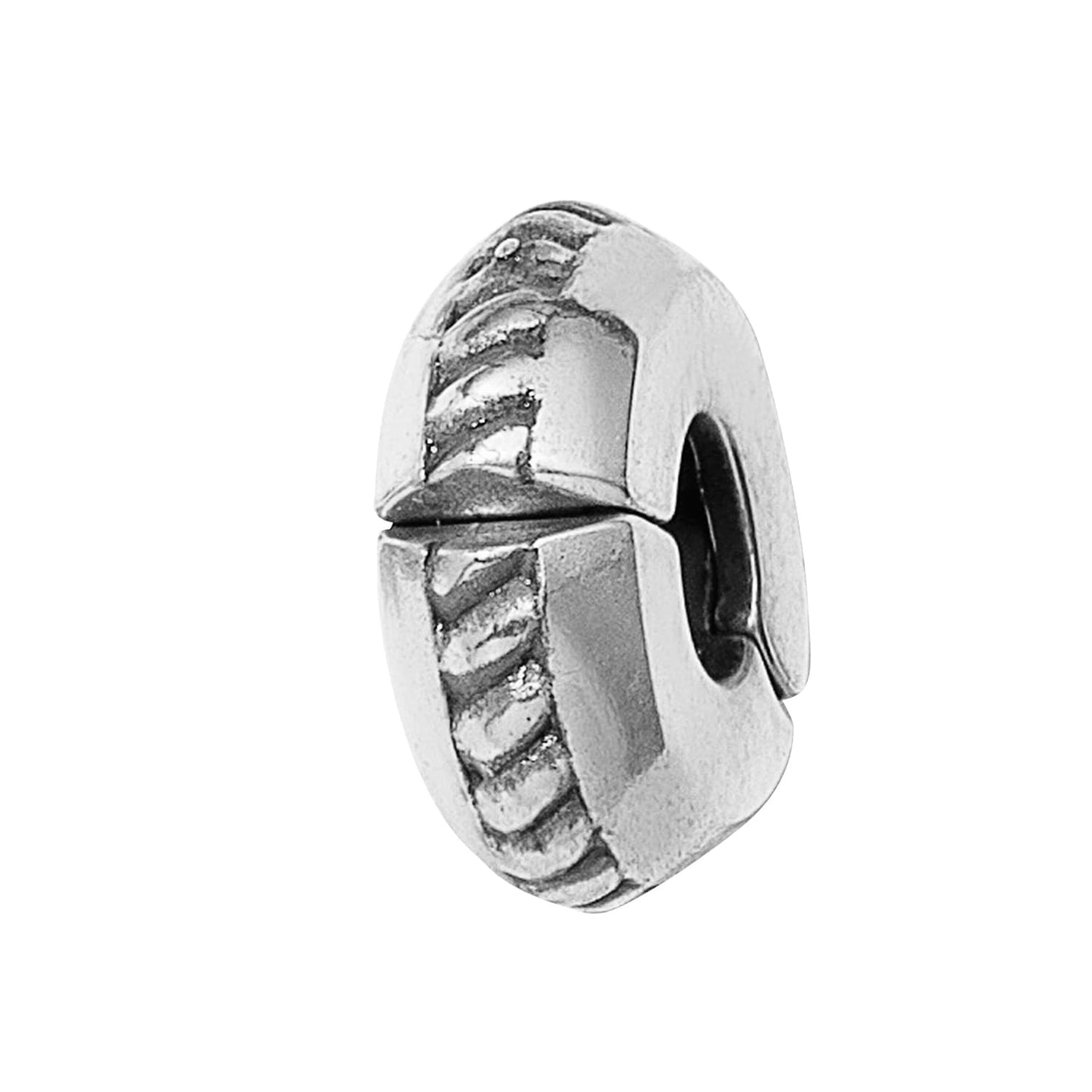 Brighton spacer charm with silver-plated finish and ribbed rope-like texture along the sides on a white background