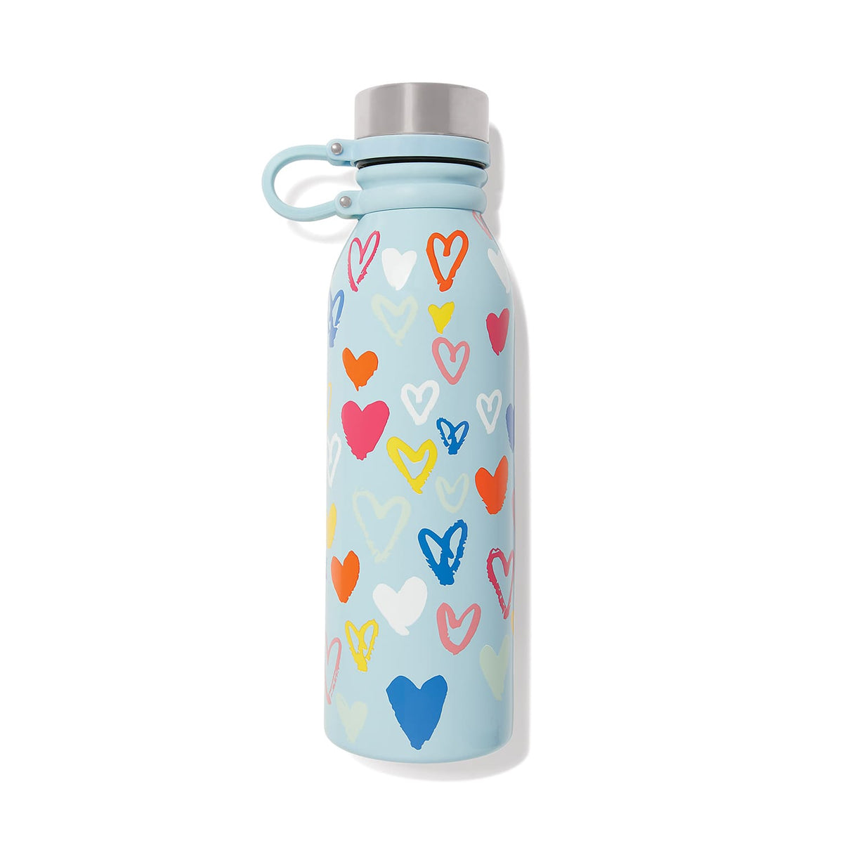 Brighton stainless steel water bottle in light blue with multicolored heart print and silver-tone cap on a white background