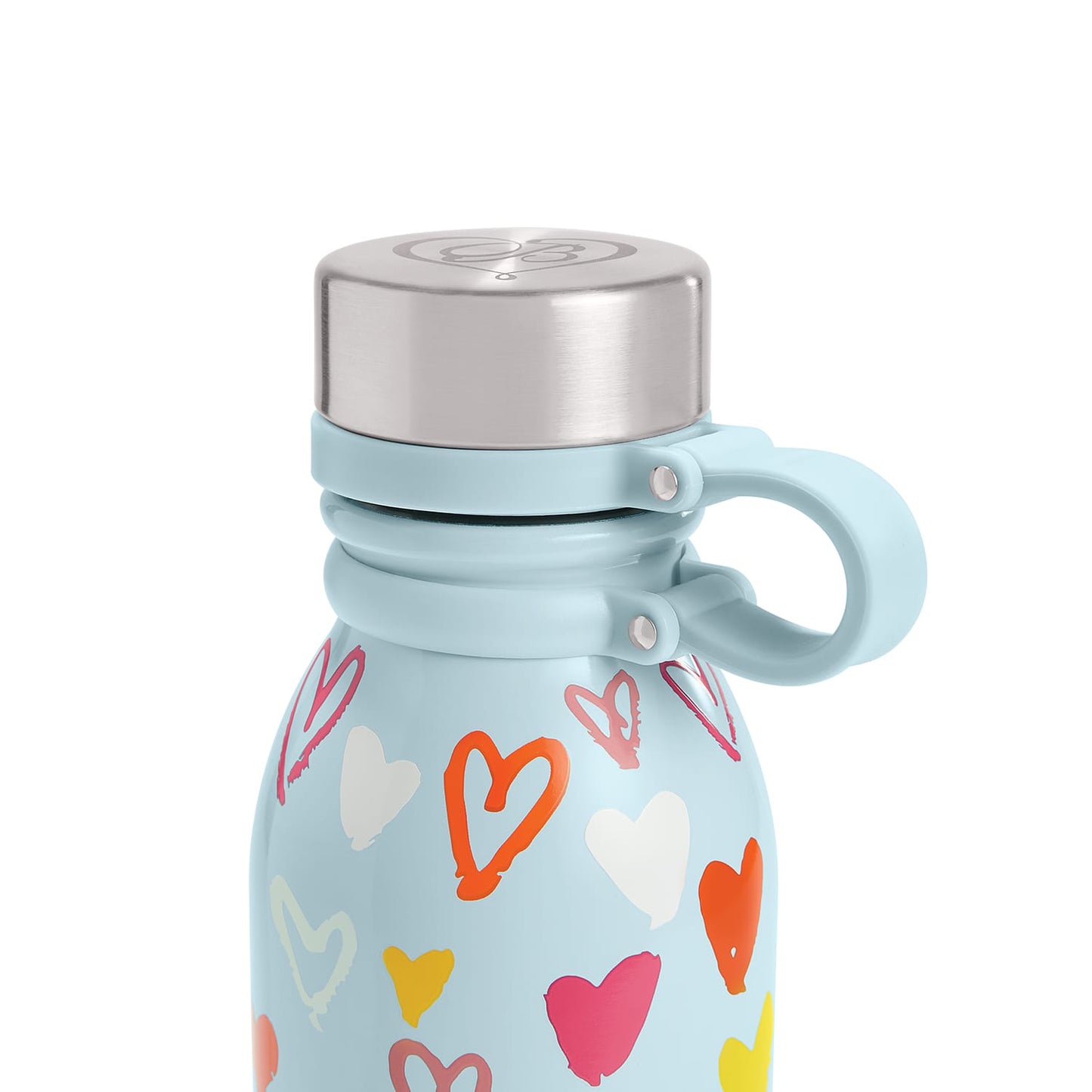 Close-up of Brighton stainless steel water bottle with light blue carry loop and colorful heart print