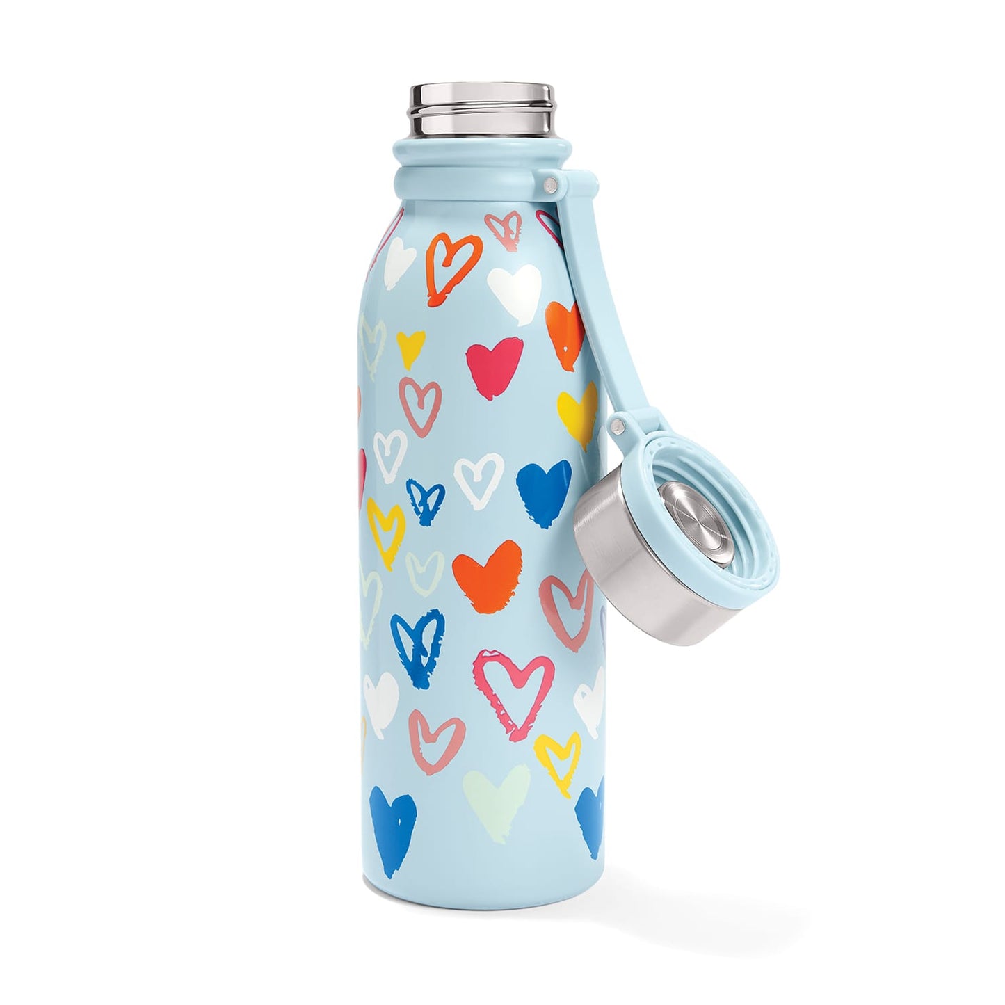 Brighton stainless steel water bottle in light blue with colorful heart print, shown with cap detached, on a white background