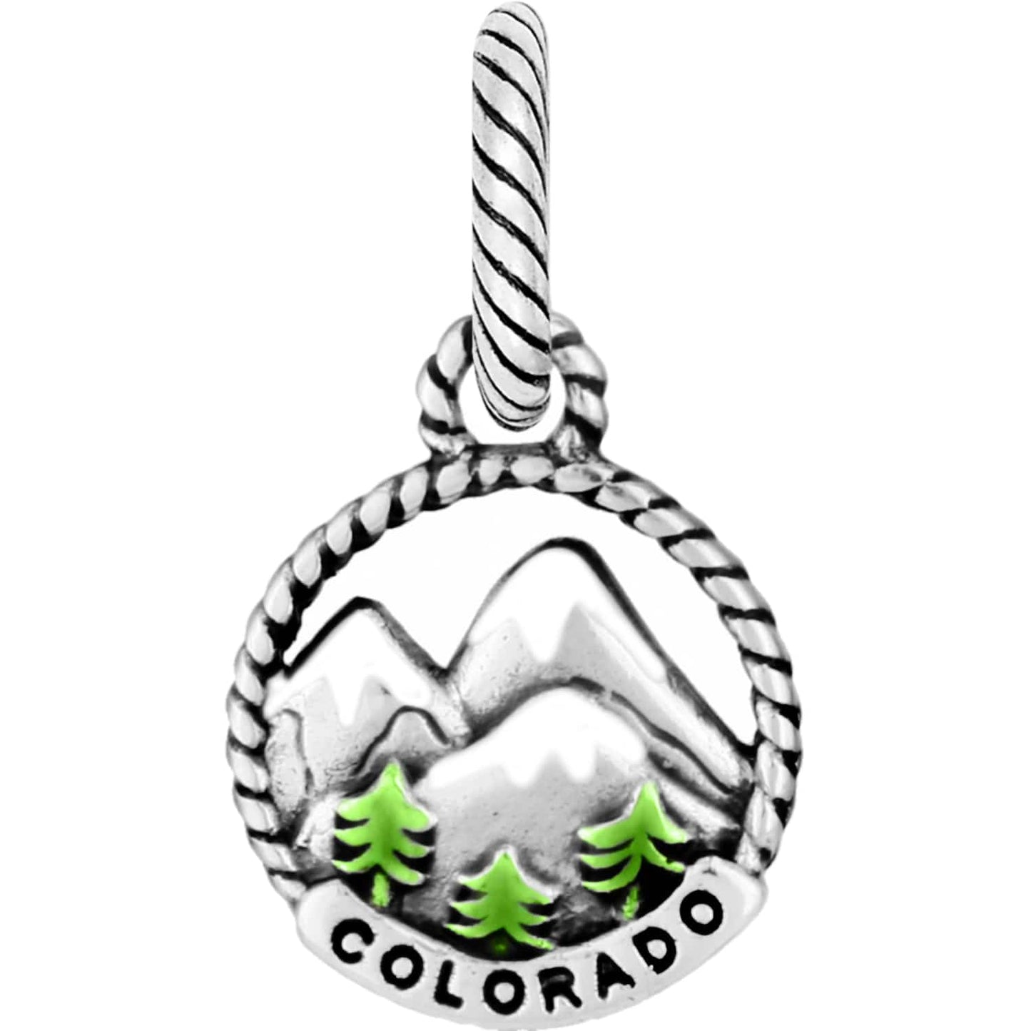 Brighton charm with silver-tone Colorado mountain scene, green enamel pine trees, and rope border on a white background