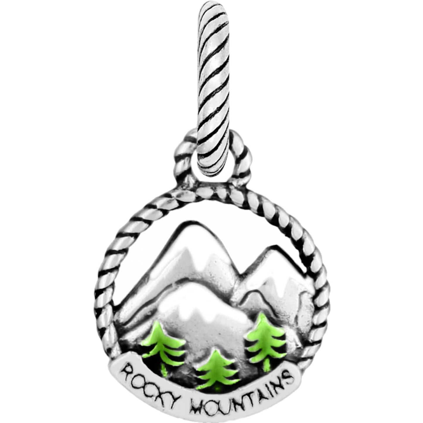 Brighton Rocky Mountains charm with silver-tone mountains, green enamel pine trees, and rope border on a white background