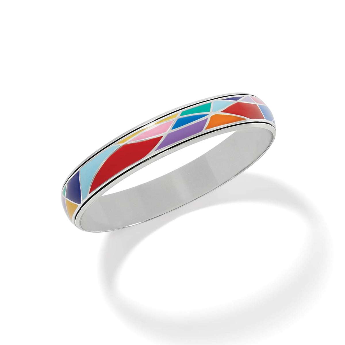 Brighton bangle bracelet with multicolor enamel geometric mosaic pattern and silver-plated finish on a white background