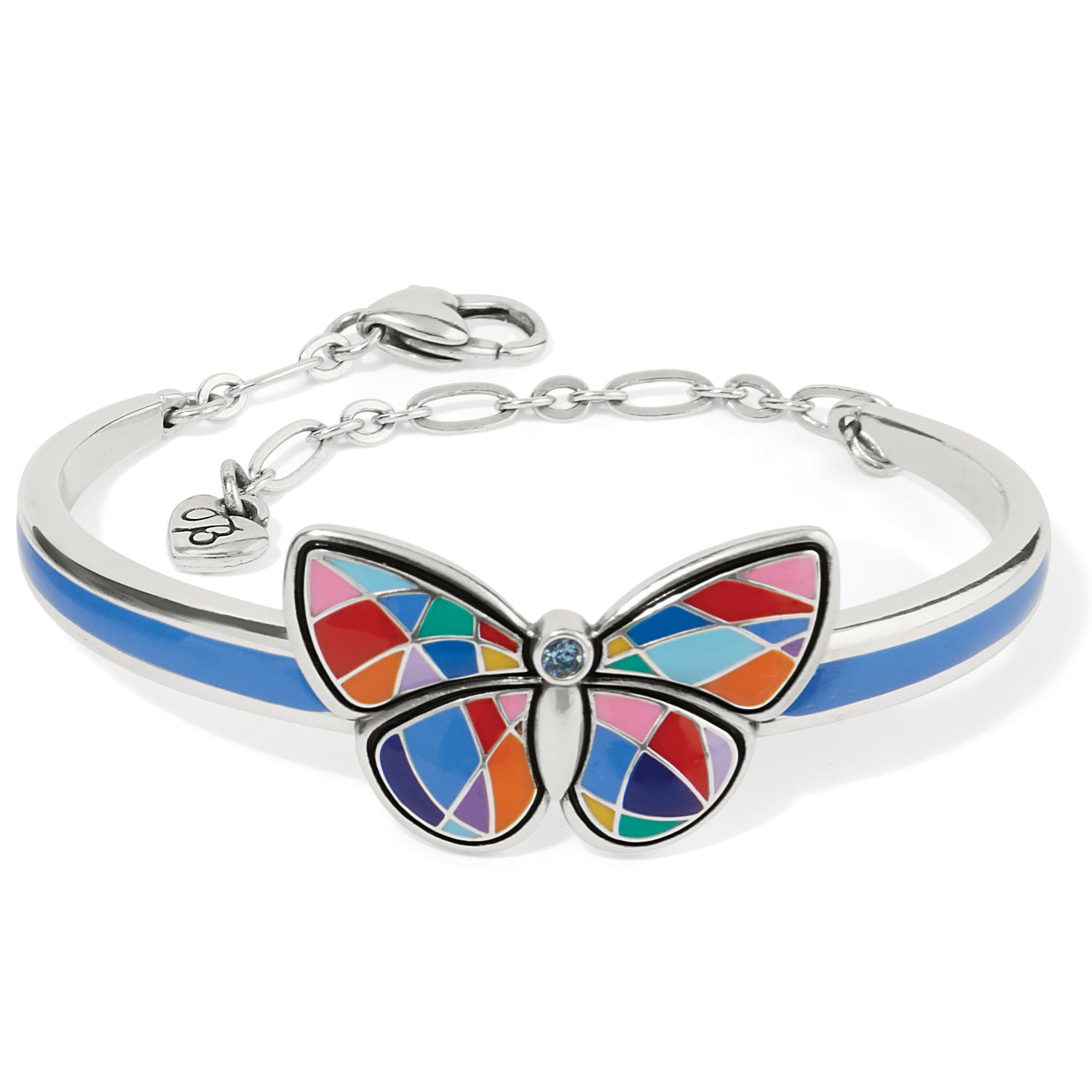 Brighton bangle bracelet with silver-plated finish, blue enamel band, and multicolored enamel butterfly with crystal accent on a white background