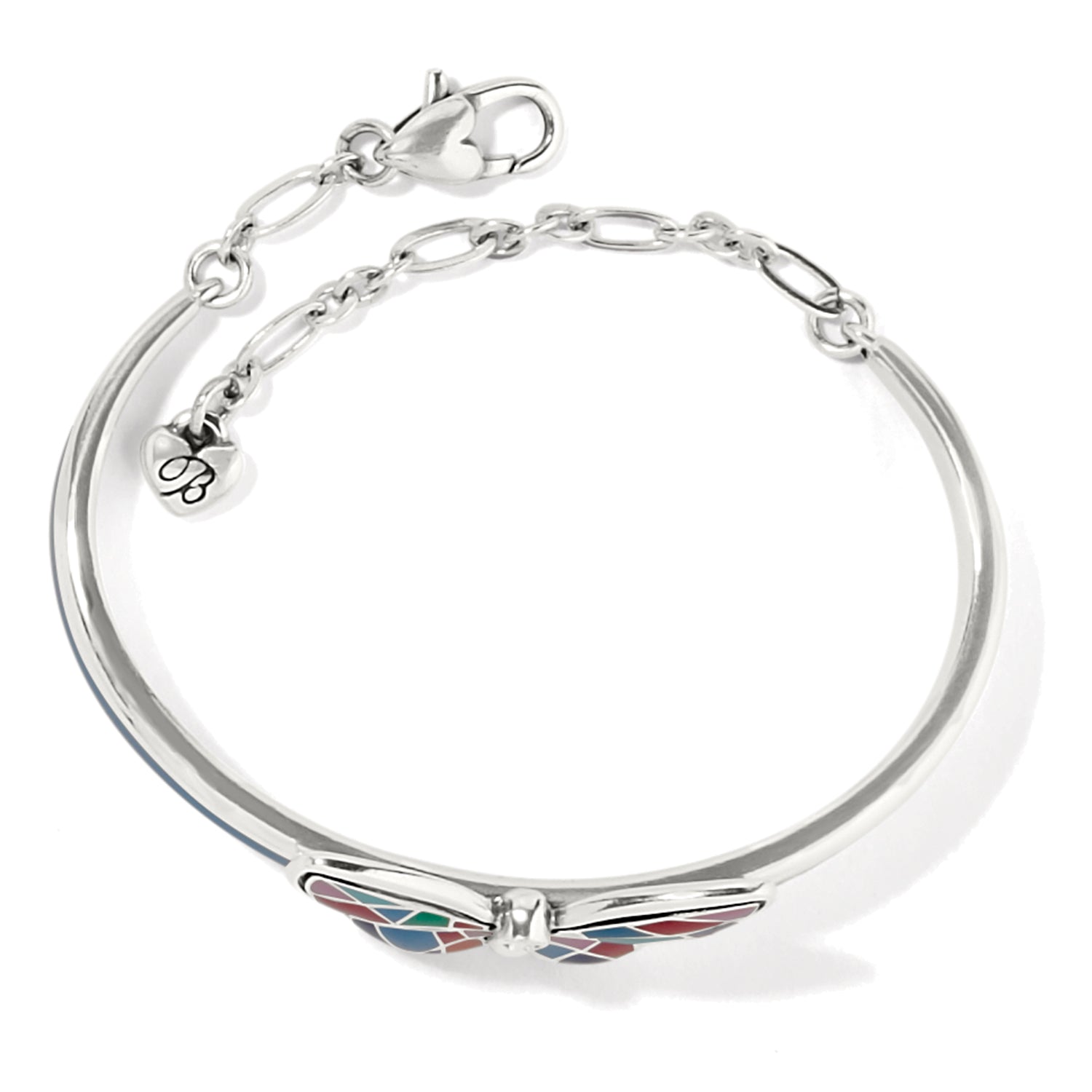 Brighton silver-plated bangle bracelet with colorful enamel wing detail and adjustable chain clasp on a white background
