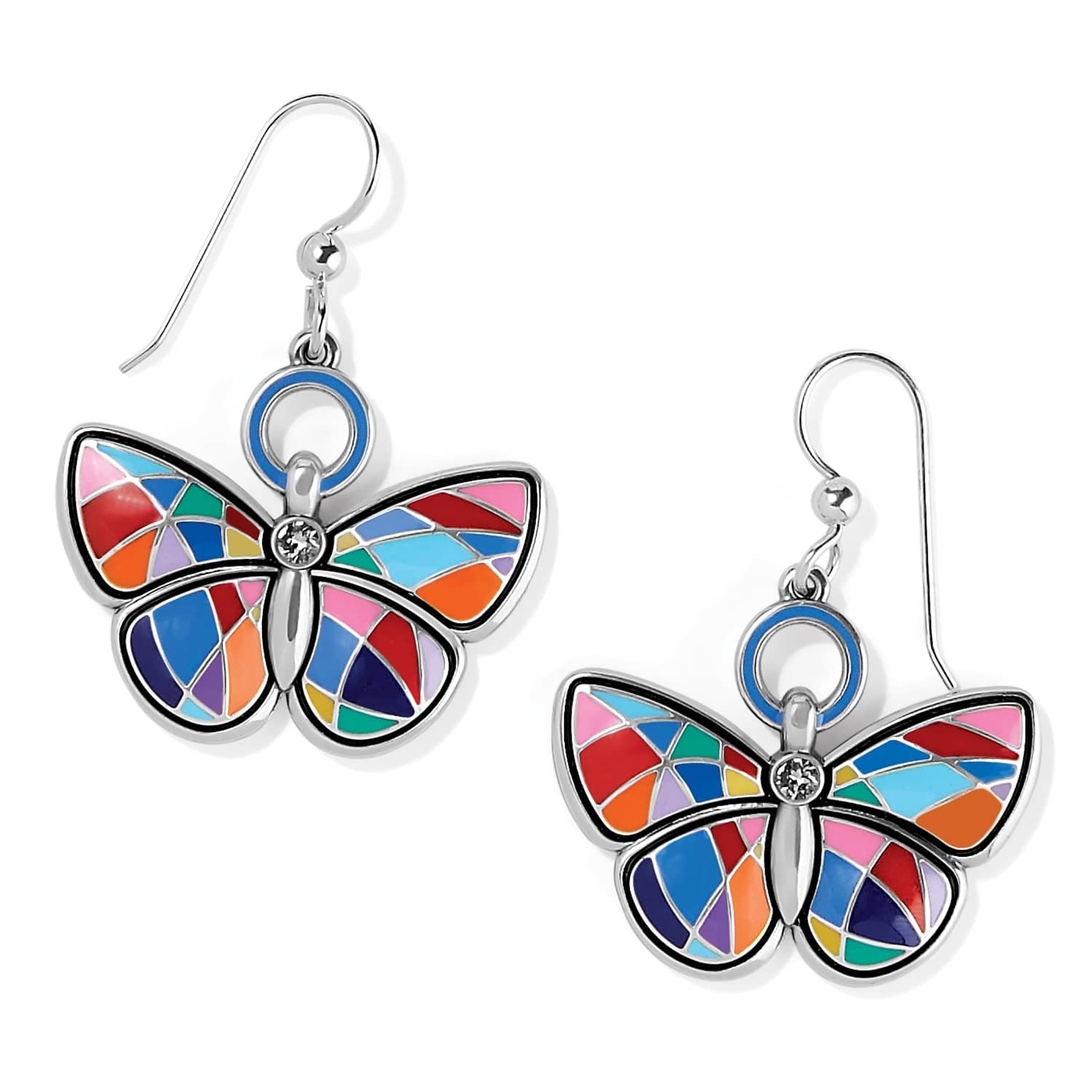 Brighton butterfly drop earrings with multicolor enamel wings, crystal centers, and silver-plated finish on a white background