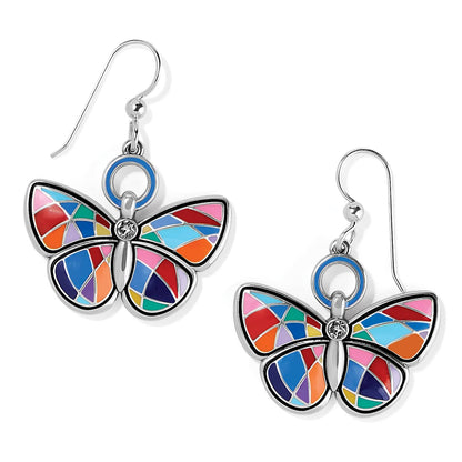 Brighton butterfly drop earrings with multicolor enamel wings, crystal centers, and silver-plated finish on a white background