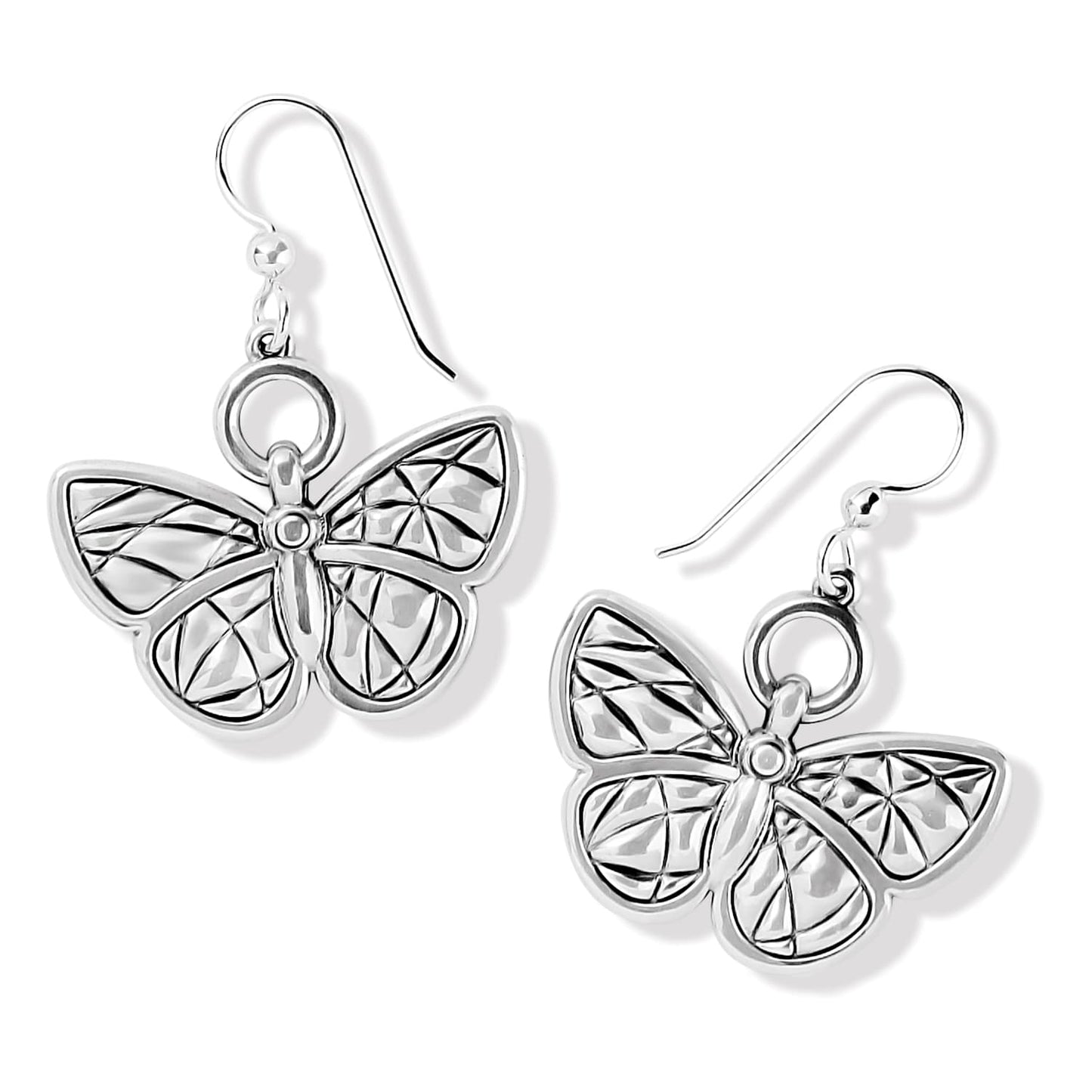 Brighton butterfly drop earrings with silver-plated wings featuring etched geometric wing details on a white background