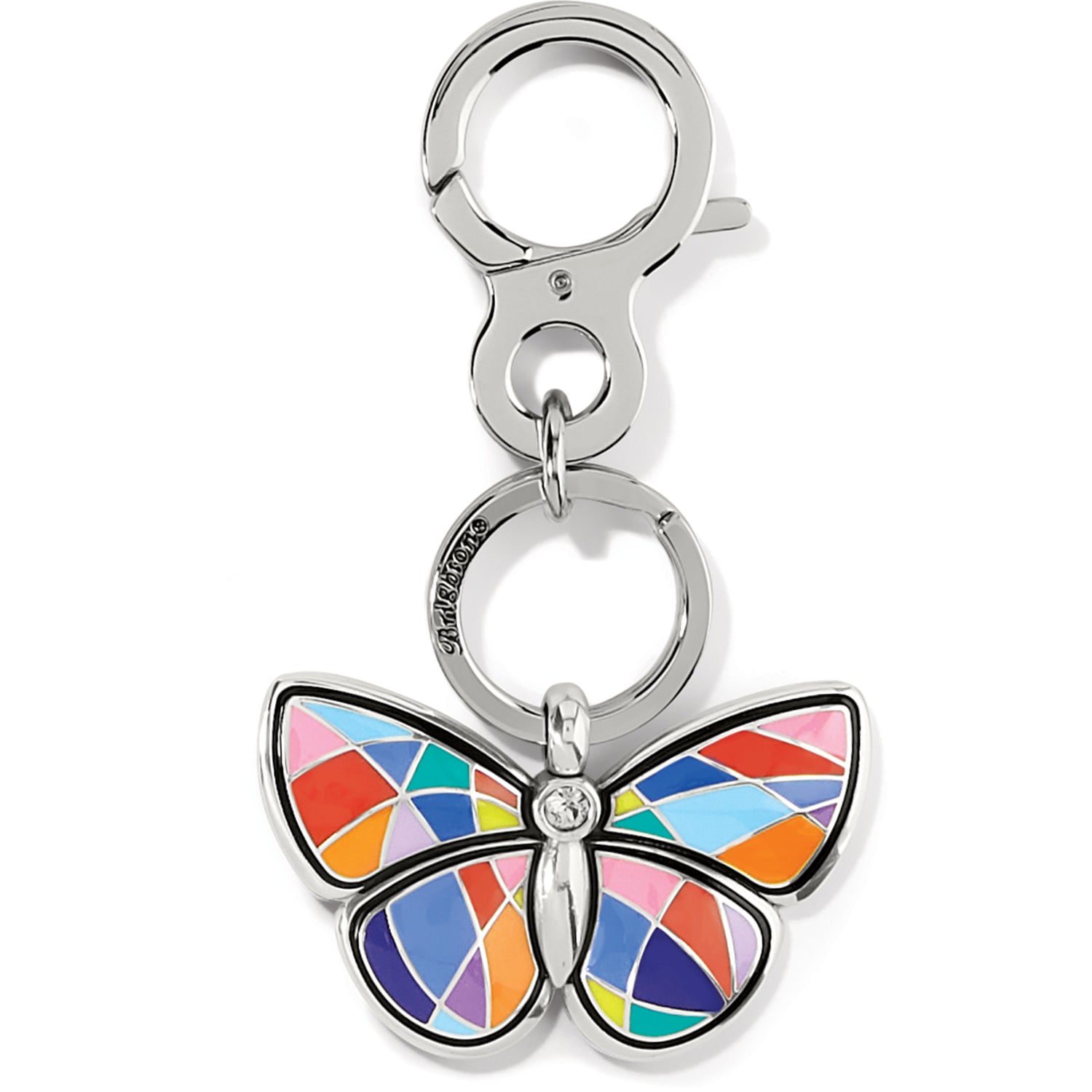 Brighton keychain with silver-plated clasp and colorful enamel mosaic butterfly charm with crystal accent on a white background