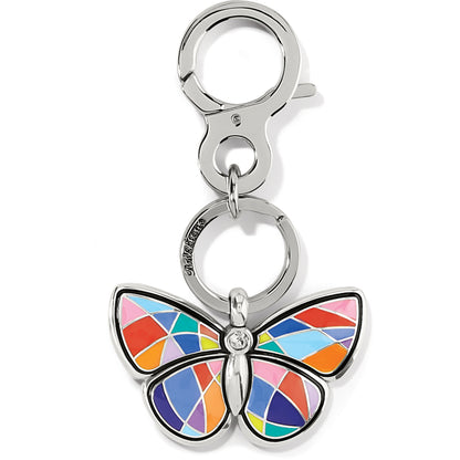 Brighton keychain with silver-plated clasp and colorful enamel mosaic butterfly charm with crystal accent on a white background