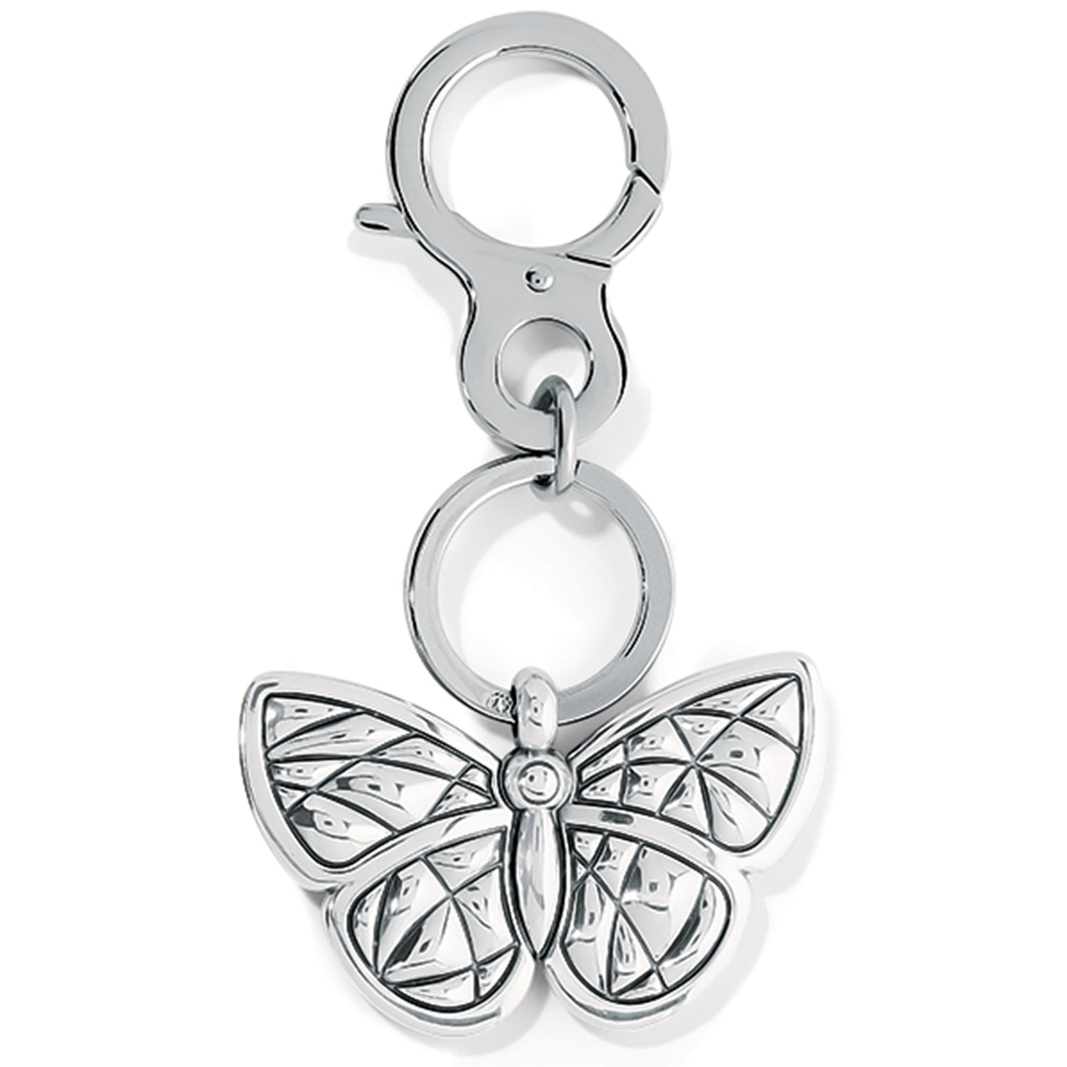Brighton keychain with silver-plated butterfly charm, enamel detailing, split ring, and lobster clasp on a white background