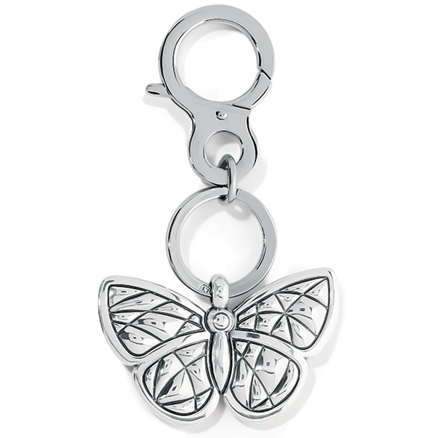 Brighton keychain with silver-plated butterfly charm, enamel detailing, split ring, and lobster clasp on a white background