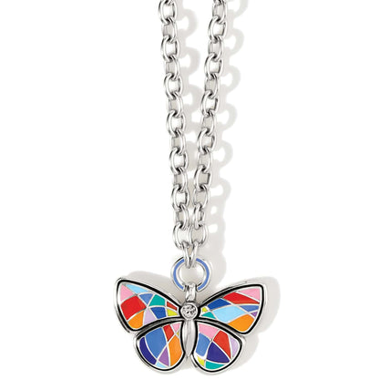Brighton pendant necklace with silver-plated chain and multicolor enamel butterfly featuring a crystal accent on a white background