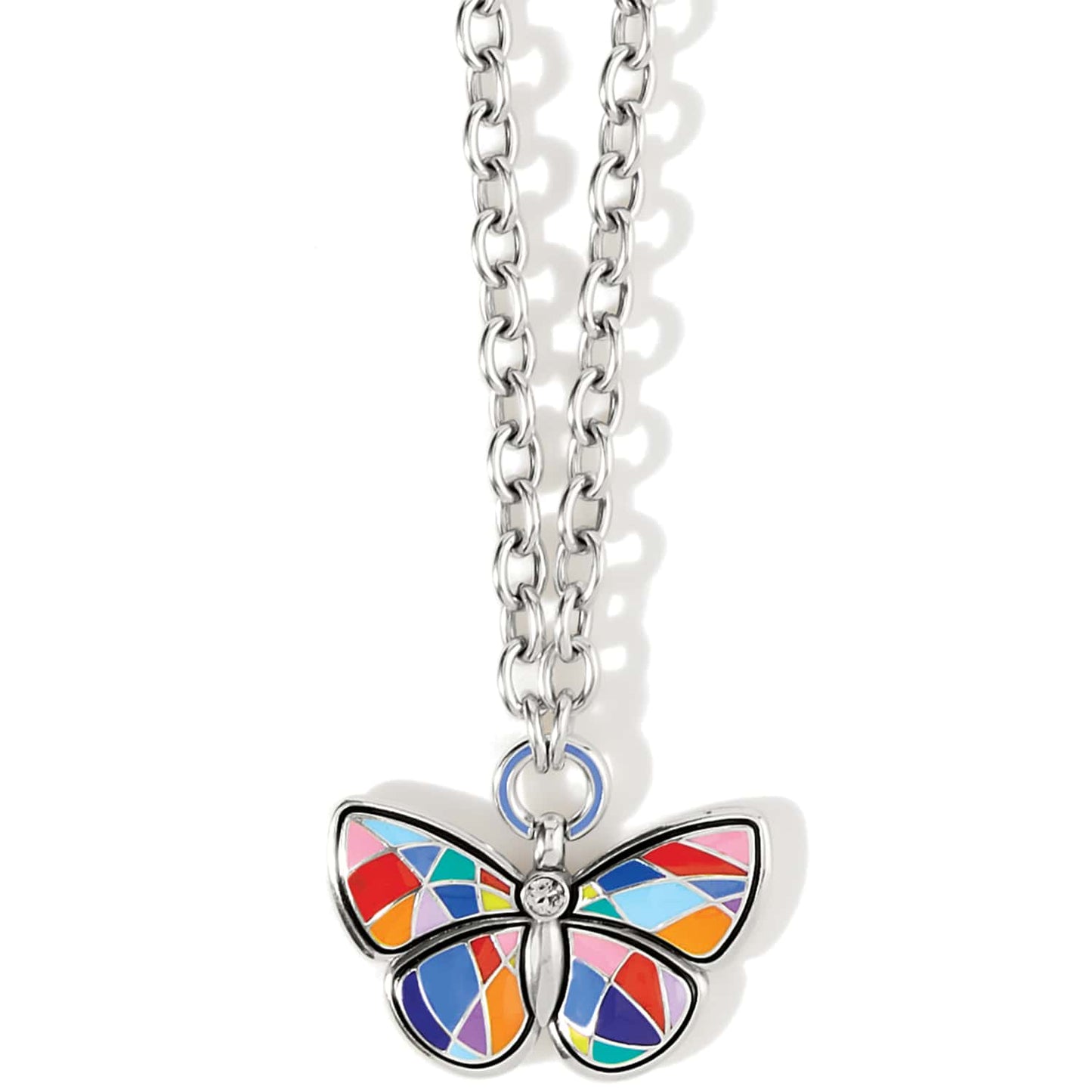 Brighton pendant necklace with silver-plated chain and multicolor enamel butterfly featuring a crystal accent on a white background