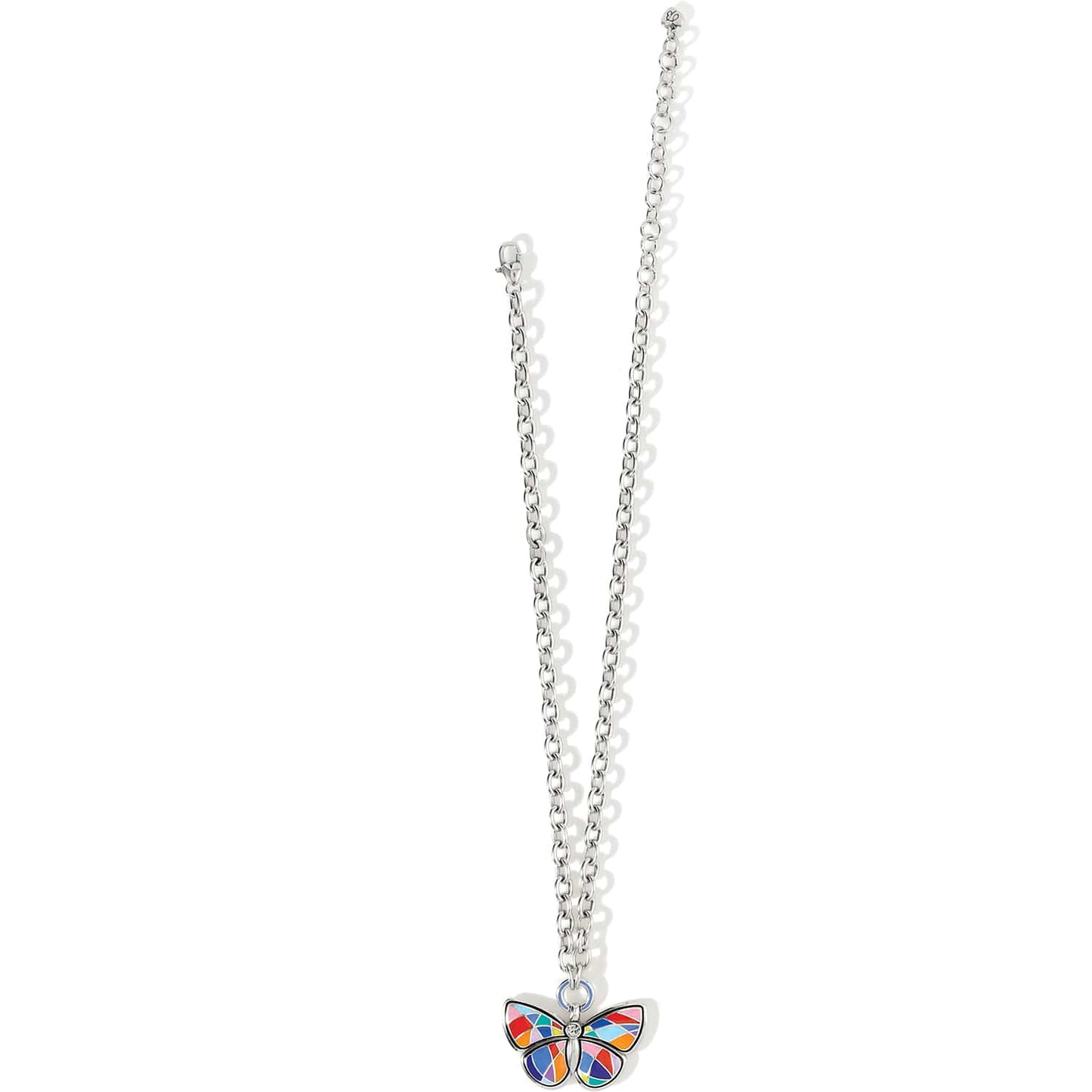 Brighton butterfly pendant necklace with silver-plated chain and colorful enamel mosaic wings with crystal accent on a white background