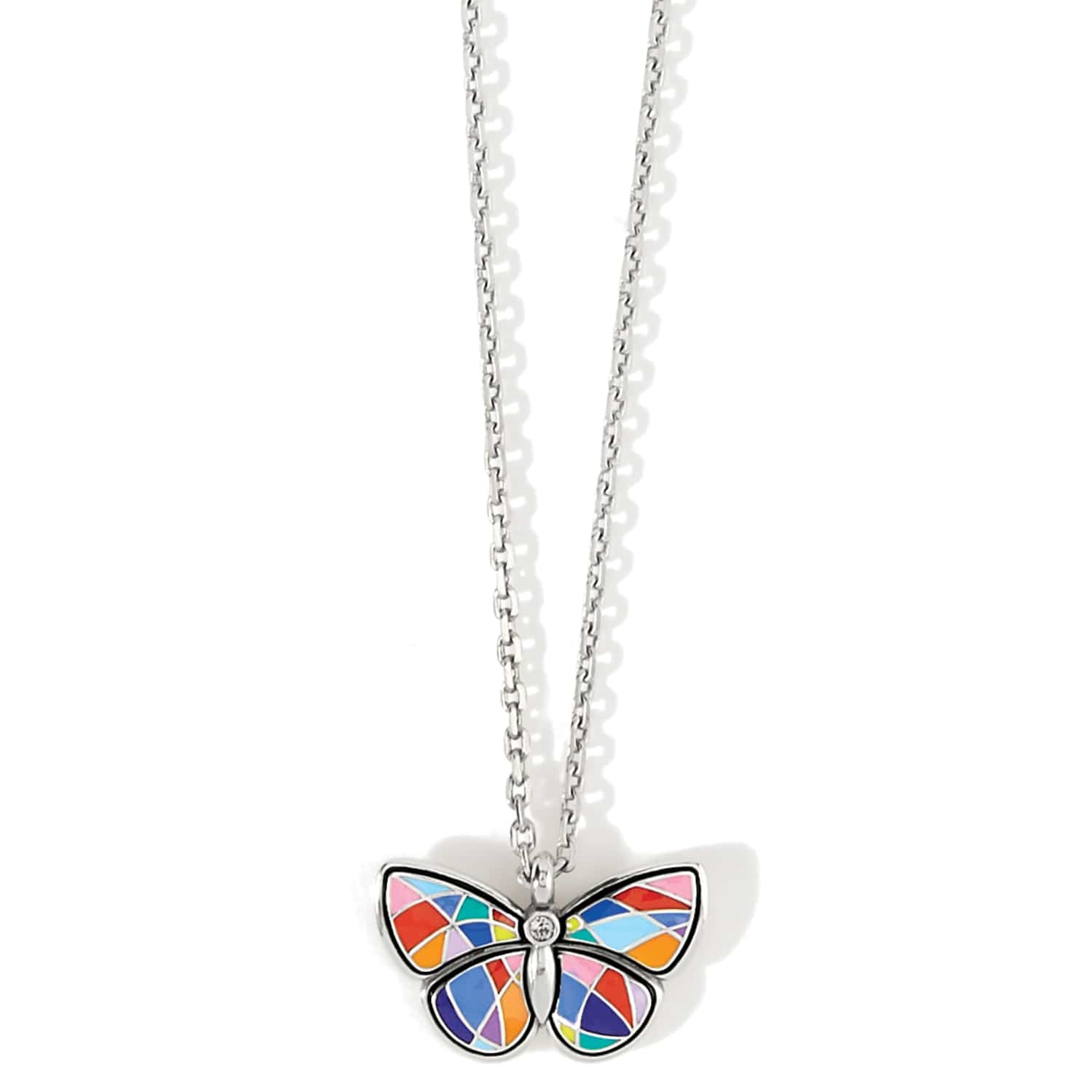 Brighton butterfly pendant necklace with multicolored enamel wings, crystal accent, and silver-plated chain on a white background