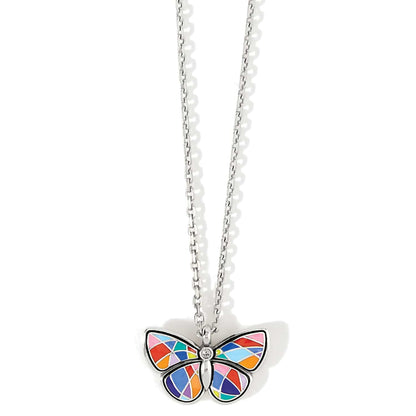 Brighton butterfly pendant necklace with multicolored enamel wings, crystal accent, and silver-plated chain on a white background