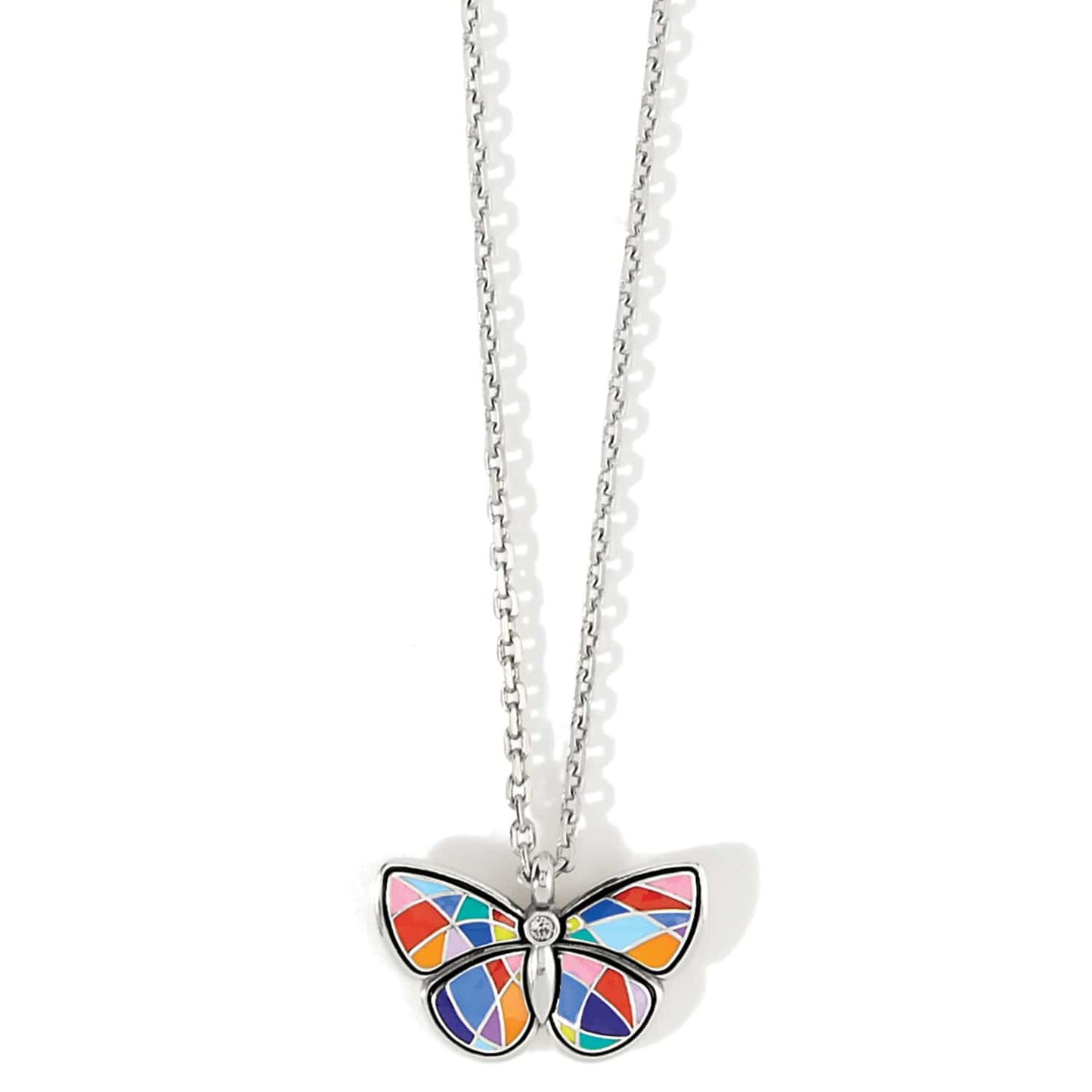 Brighton butterfly pendant necklace with multicolored enamel wings, crystal accent, and silver-plated chain on a white background