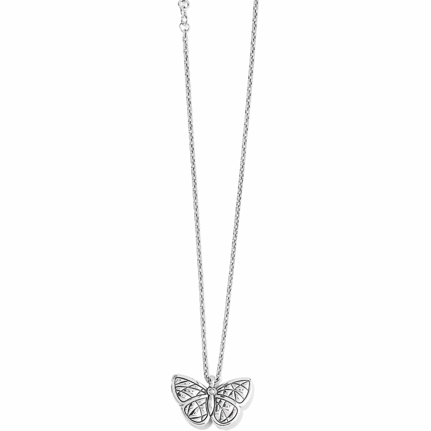 Brighton pendant necklace with silver-plated butterfly featuring engraved wing details on a delicate chain on a white background