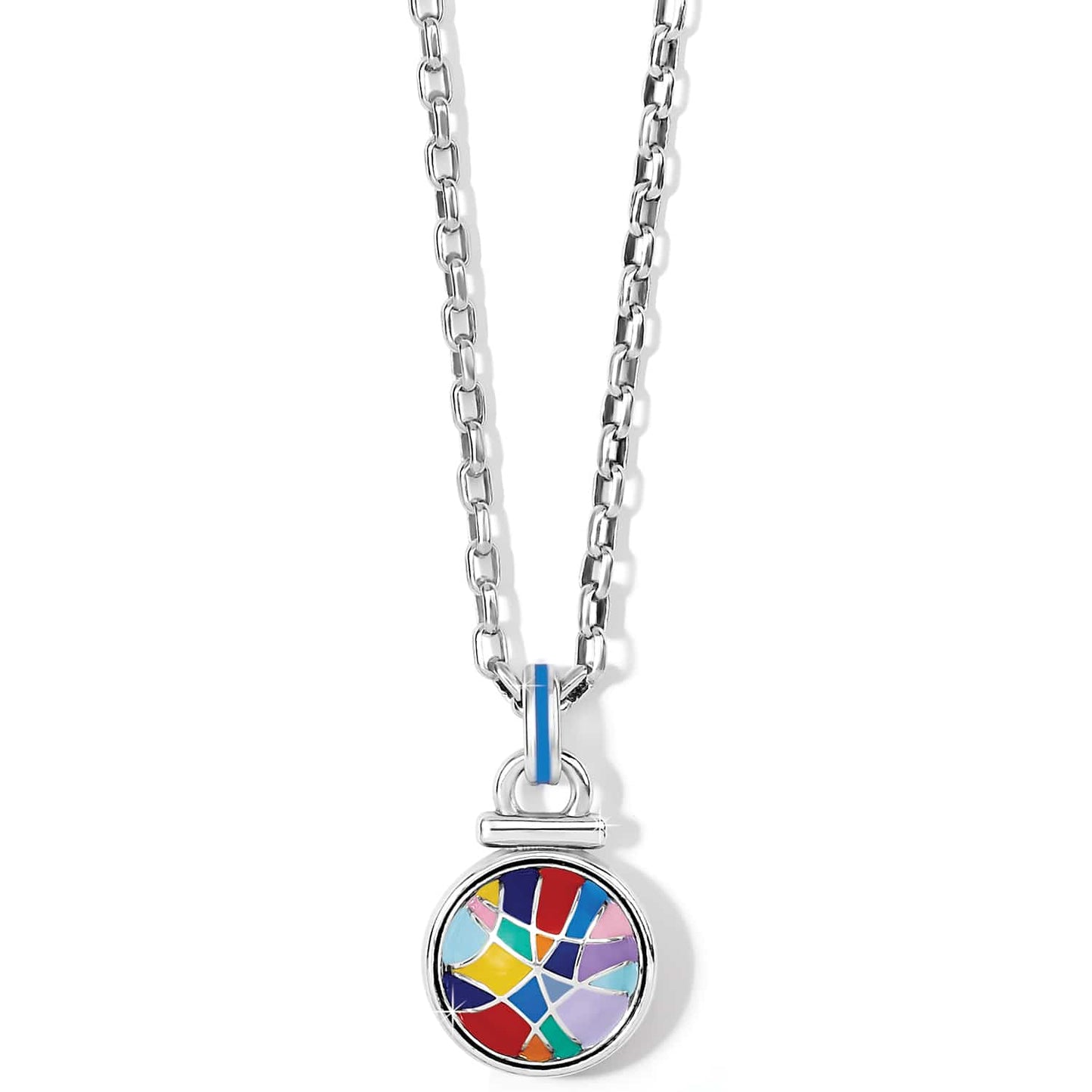 Brighton pendant necklace with silver-plated chain and round multicolor enamel mosaic charm on a white background