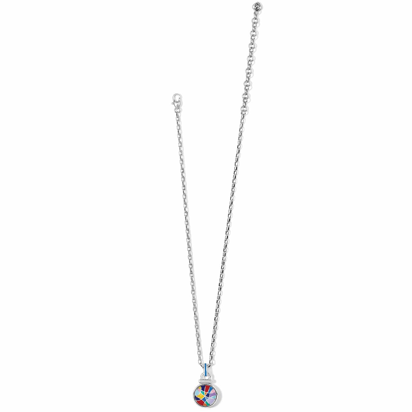 Brighton pendant necklace with silver-plated chain and round multicolored enamel mosaic charm on a white background