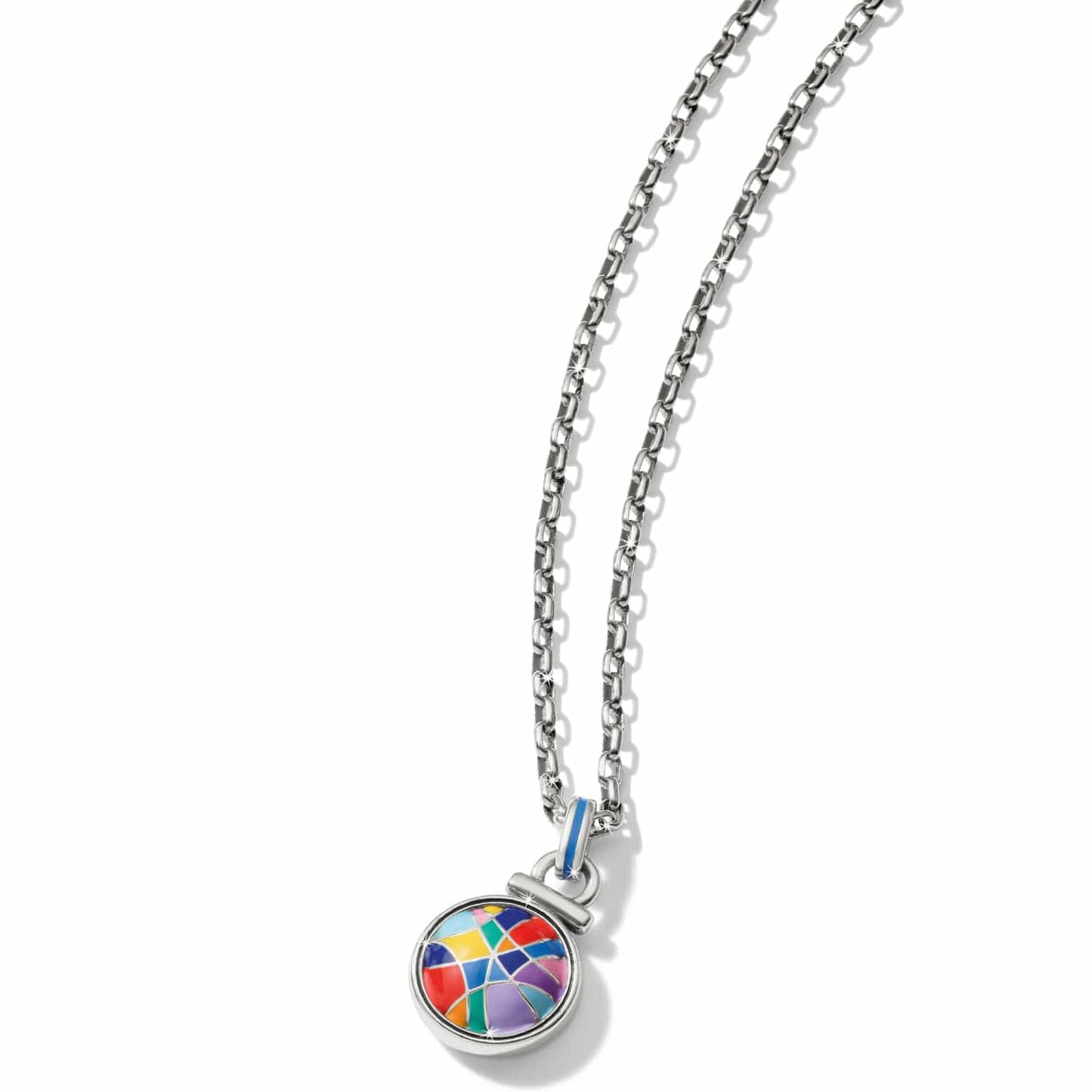 Brighton pendant necklace with multicolor enamel mosaic disc and silver-plated chain on a white background