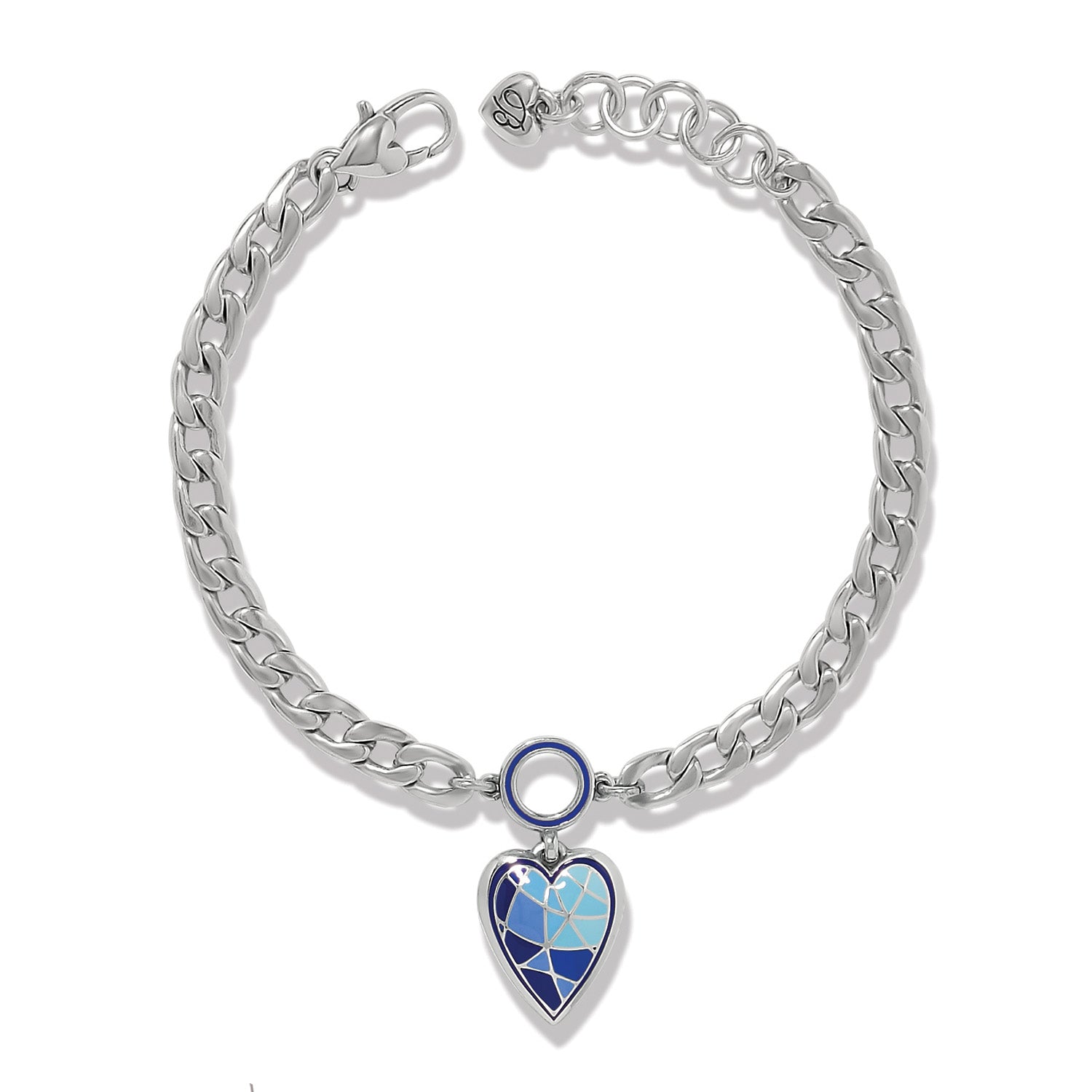 Brighton charm bracelet with silver-plated curb chain and blue enamel heart pendant on a white background