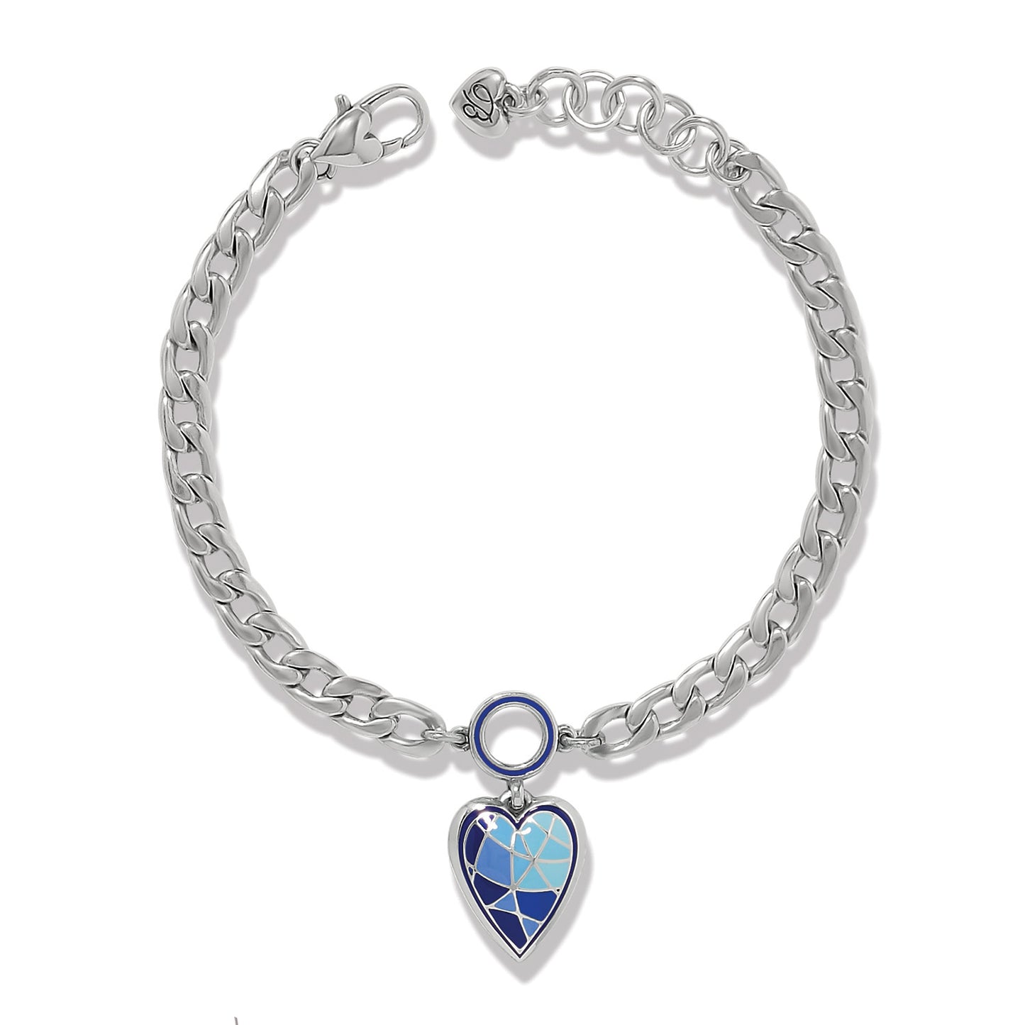 Brighton charm bracelet with silver-plated curb chain and blue enamel heart pendant on a white background