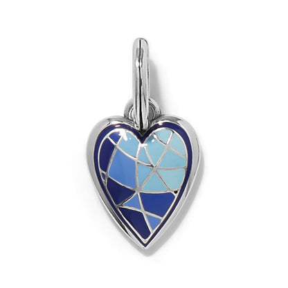 Brighton heart charm with blue enamel mosaic pattern and silver-plated finish on a white background