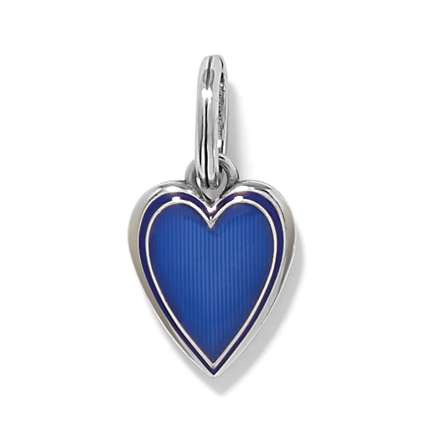 Brighton heart charm with blue enamel center and silver-plated frame and bail on a white background