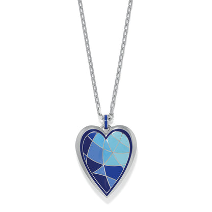 Brighton heart pendant necklace with blue mosaic enamel design and silver-plated chain on a white background
