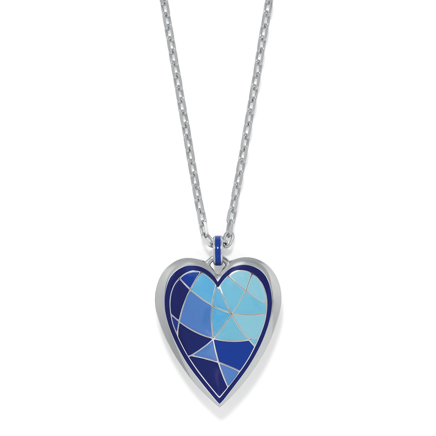 Brighton heart pendant necklace with blue mosaic enamel design and silver-plated chain on a white background