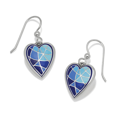 Brighton heart drop earrings with blue mosaic enamel design and silver-plated finish on a white background