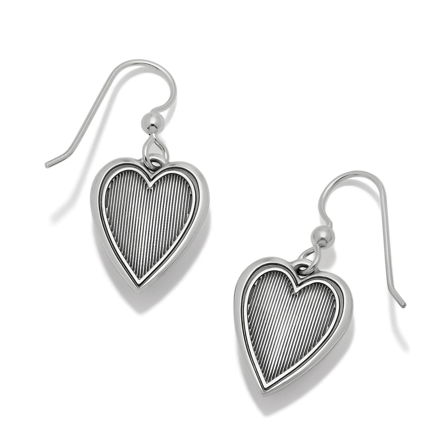 Brighton heart drop earrings with silver-plated finish and ribbed textured heart charms on a white background