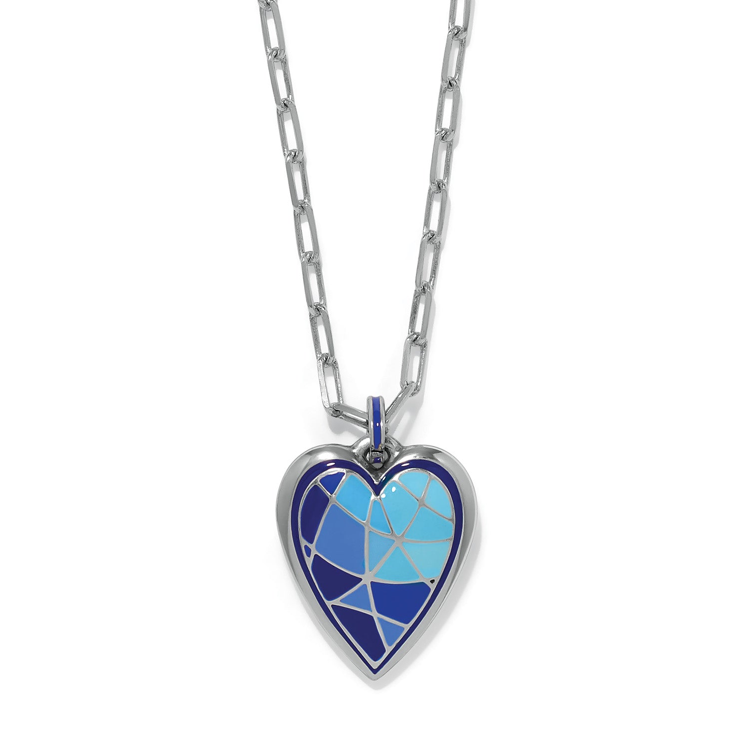 Brighton heart pendant necklace with blue mosaic enamel design and silver-plated chain on a white background