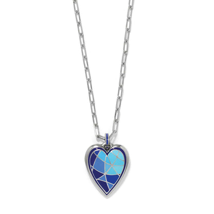 Brighton heart pendant necklace with blue enamel mosaic design and silver-plated chain on a white background