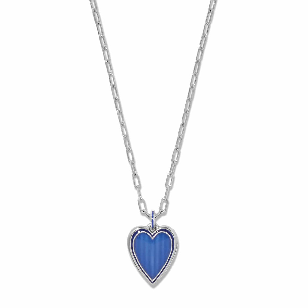 Brighton pendant necklace with blue enamel heart and silver-plated chain on a white background