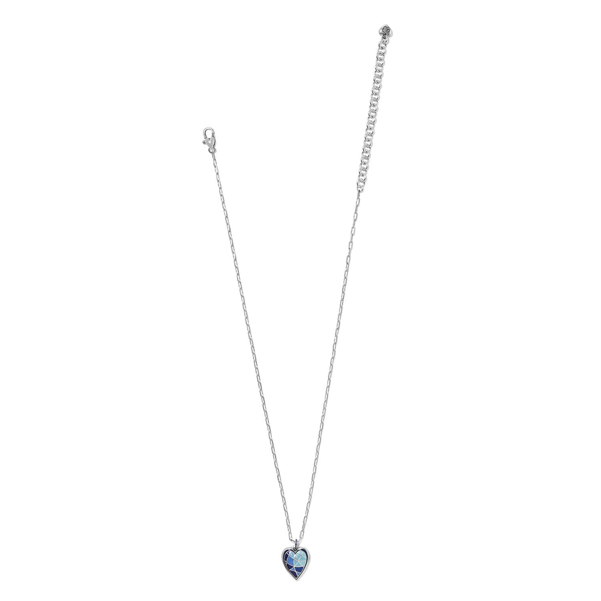 Brighton pendant necklace with blue enamel mosaic heart and silver-plated chain on a white background