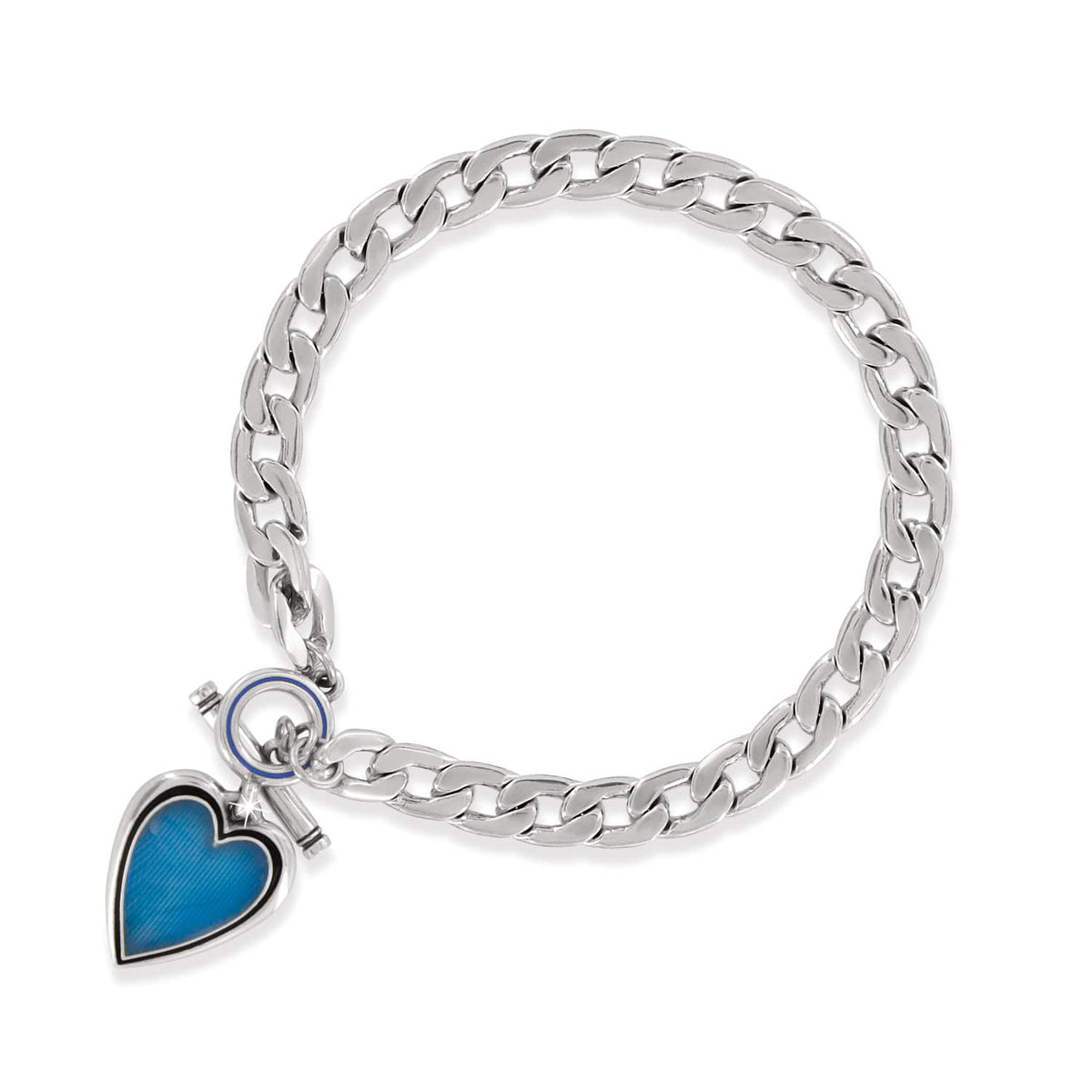 Brighton charm bracelet with silver-plated curb chain and blue enamel heart charm on a white background