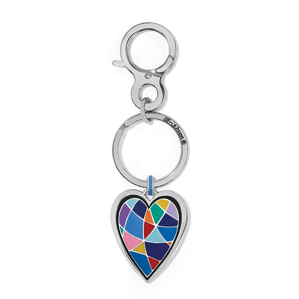 Brighton heart keychain with multicolored enamel mosaic design and silver-plated clasp and ring on a white background