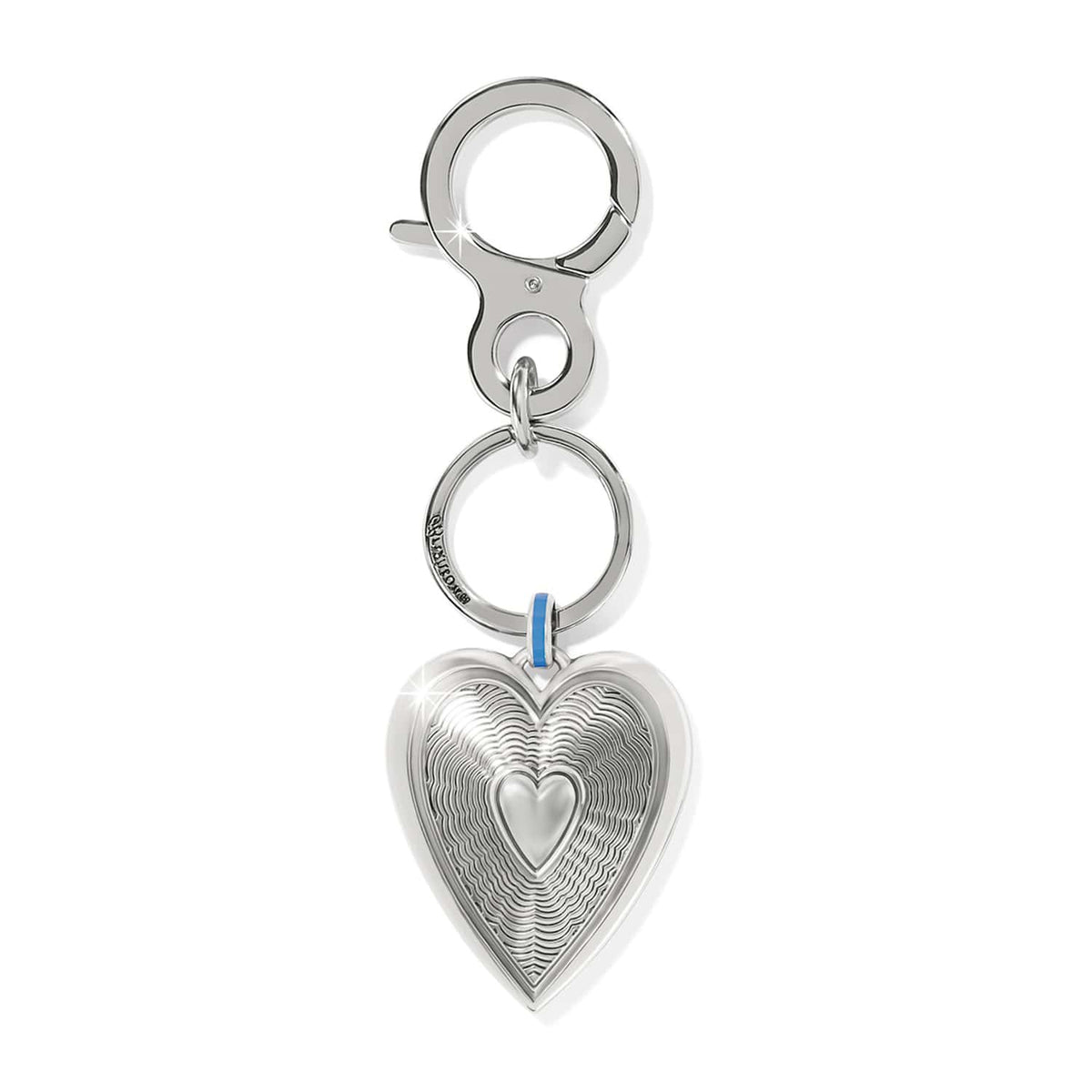 Brighton heart key fob with silver-plated finish, layered heart pendant, blue enamel accent, and clasp on a white background