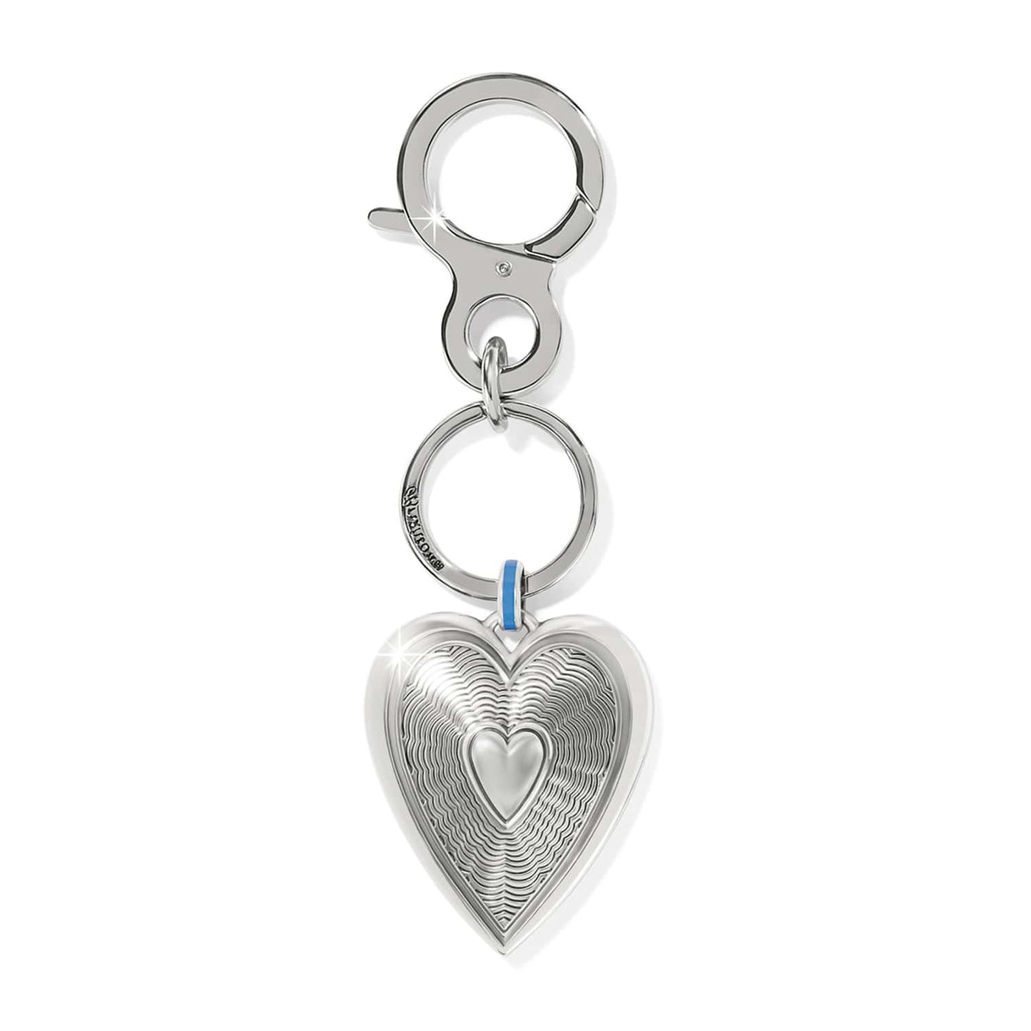 Brighton heart key fob with silver-plated finish, layered heart pendant, blue enamel accent, and clasp on a white background