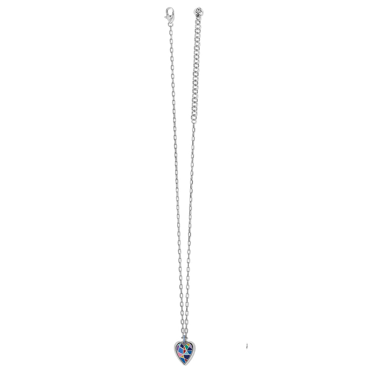 Brighton silver-plated chain necklace with colorful enamel mosaic heart pendant and lobster clasp on a white background