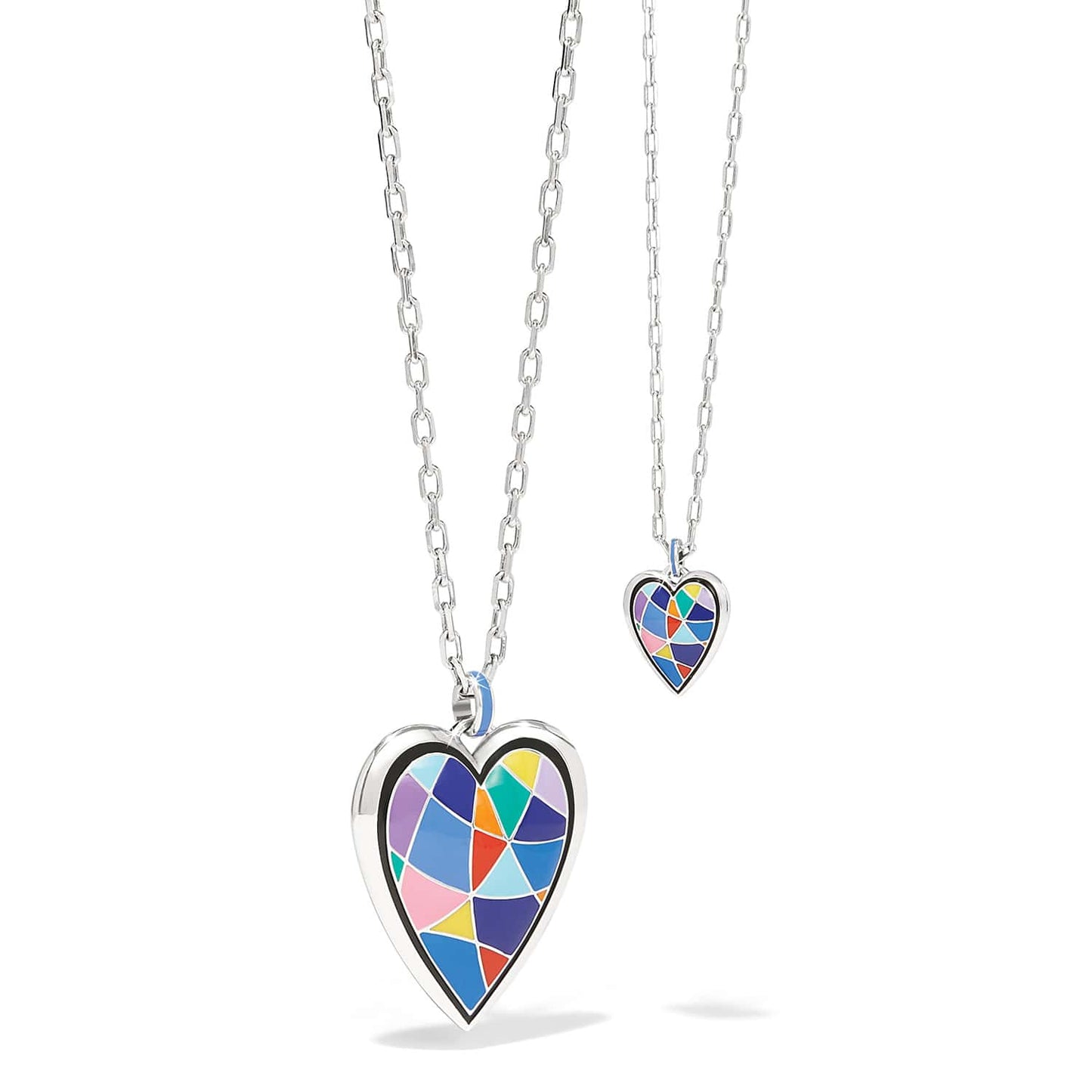 Brighton heart pendant necklaces in two sizes with colorful enamel mosaic design and silver-plated chains on a white background