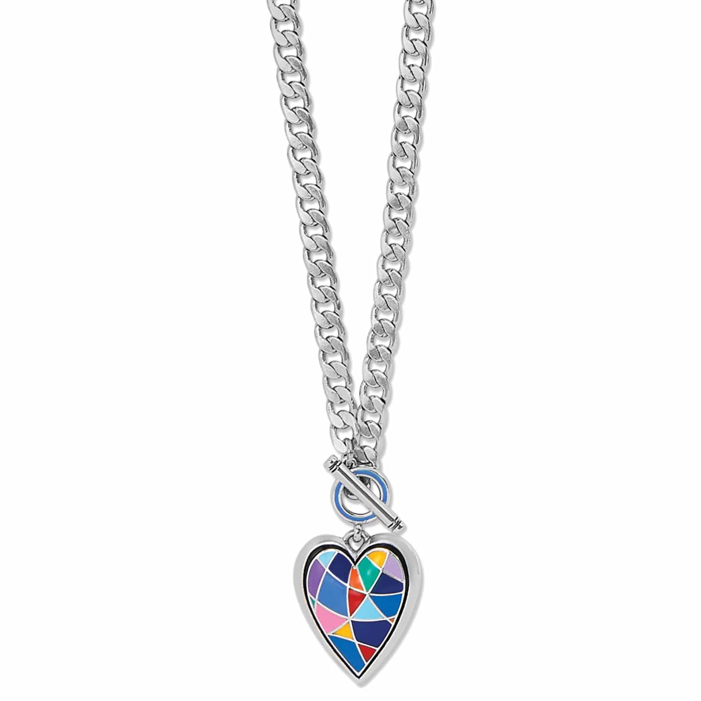 Brighton heart pendant necklace with multicolor enamel mosaic design, silver-plated curb chain, and toggle clasp on a white background