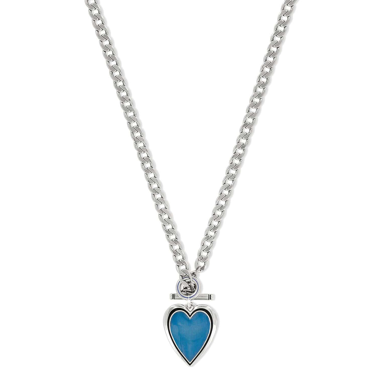 Brighton pendant necklace with blue enamel heart, silver-plated curb chain, and toggle closure on a white background