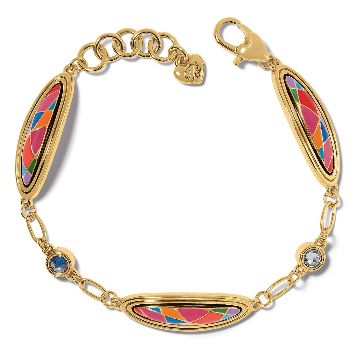 Brighton gold-plated bracelet with colorful enamel mosaic stations and blue crystal accents on a white background